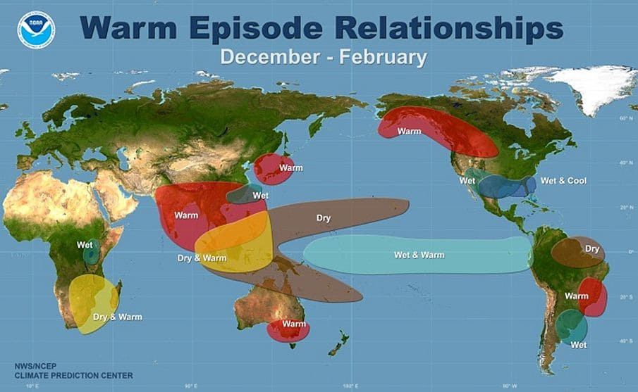 Auswirkungen von El Niño auf Niederschlag und Temperatur (Quelle Amerikanischer Wetterdienst NCEP)