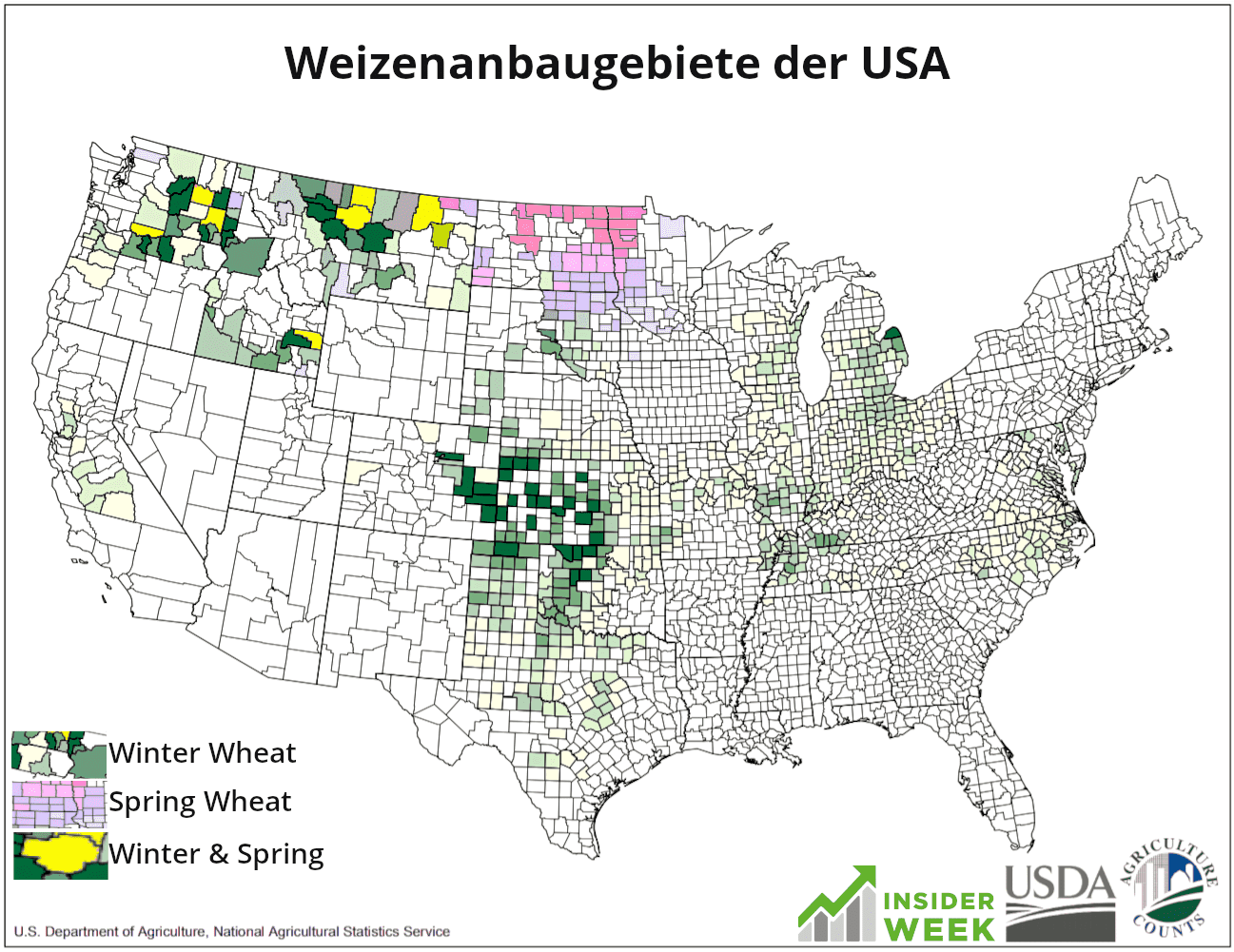 Abb. 4: Weizen Anbaugebiete Winterwheat (grün), Spring Wheat (rot) USA
